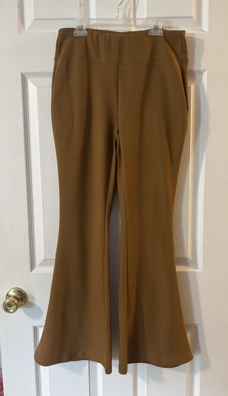 Ellie & Kate Pants M Medium Flare Stretch Mustard Taupe Pullon Pockets Stretch